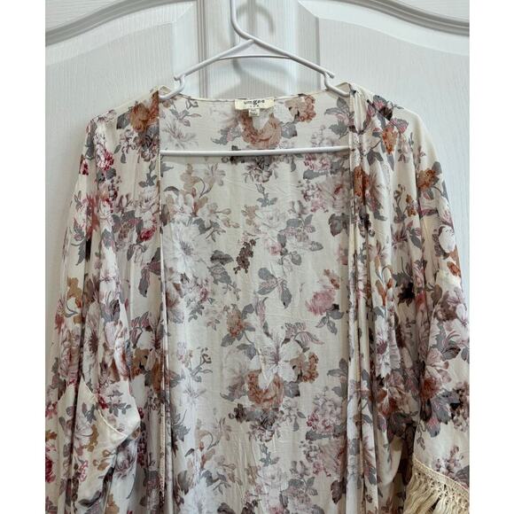 Umgee Women M/L Floral Fringe Open Front Kimono Boho Lagenlook - Picture 2 of 8